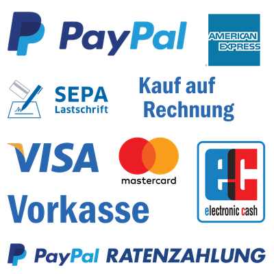 Zahlungsarten: Vorkasse, PayPal, Lastschrift, Kauf auf Rechnung, Ratenzahlung